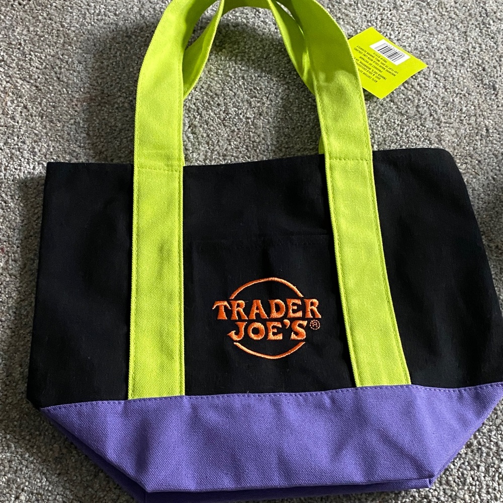 Trader Joe's Black and Purple Tote with Green Handles